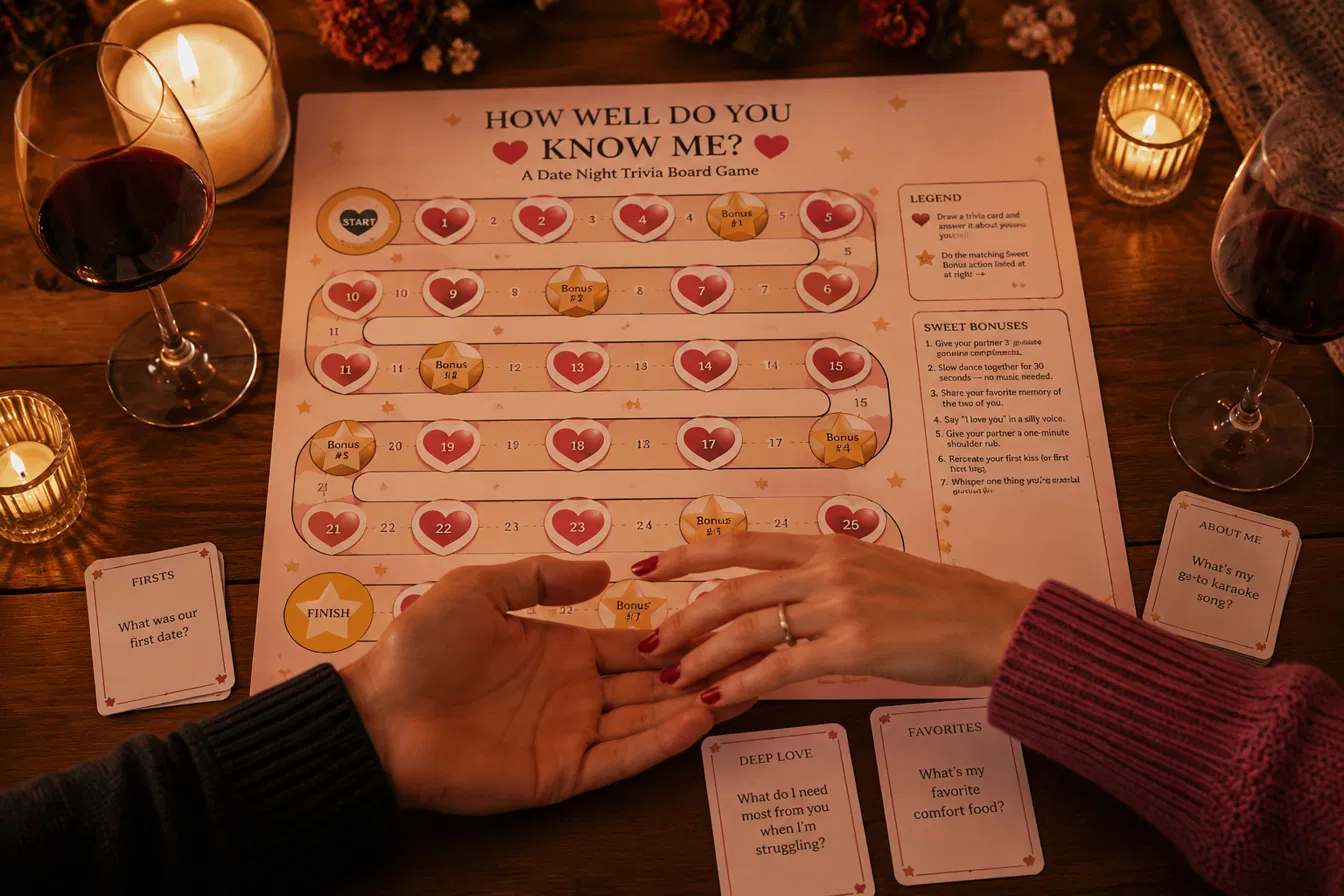 Printed How Well Do You Know Me? game board and question cards laid out on a table with candles